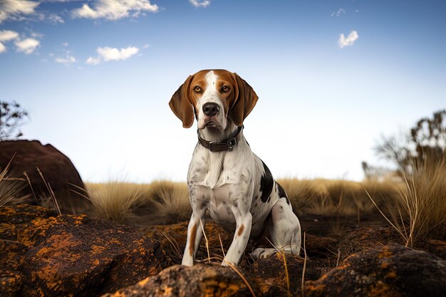 un cane si siede in un campo con un cielo sullo sfondo