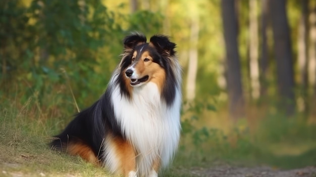 Un cane si siede nel bosco davanti a un albero.