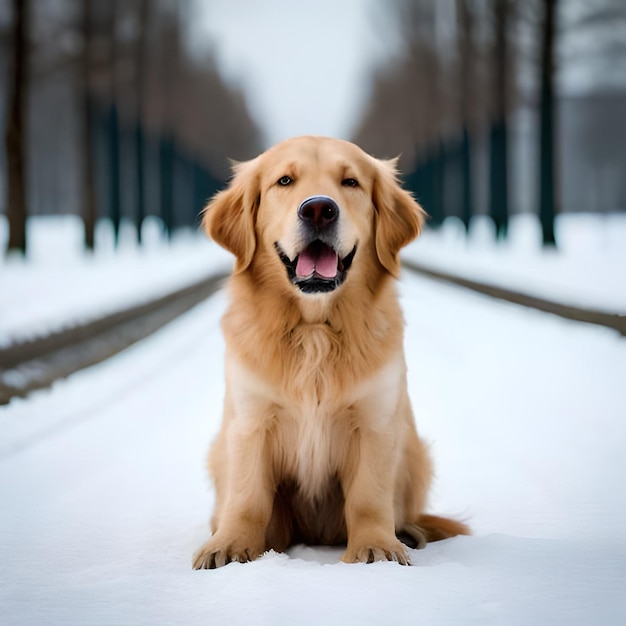 Un cane si siede nella neve con la parola sulla sua faccia