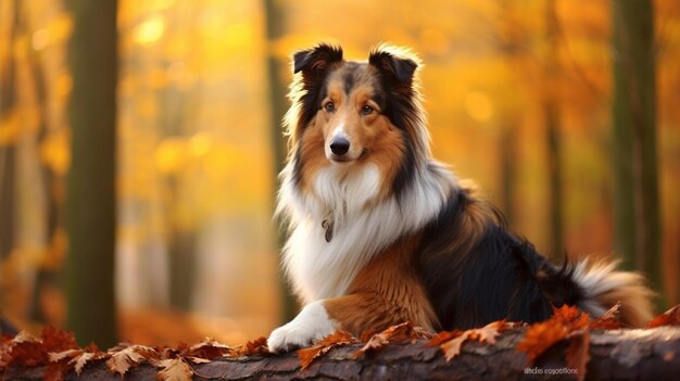 Un cane si siede su un albero caduto nella foresta autunnale