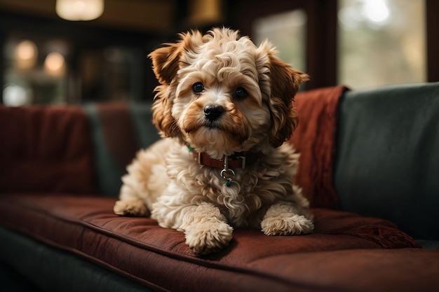 un cane si siede su un divano con un cuscino rosso