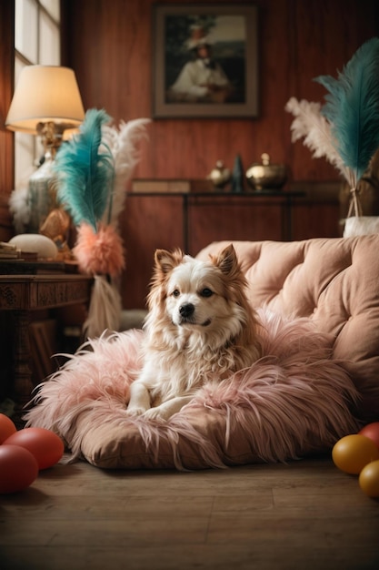 un cane si siede su un divano rosa con una coperta rosa e una lampada dietro.