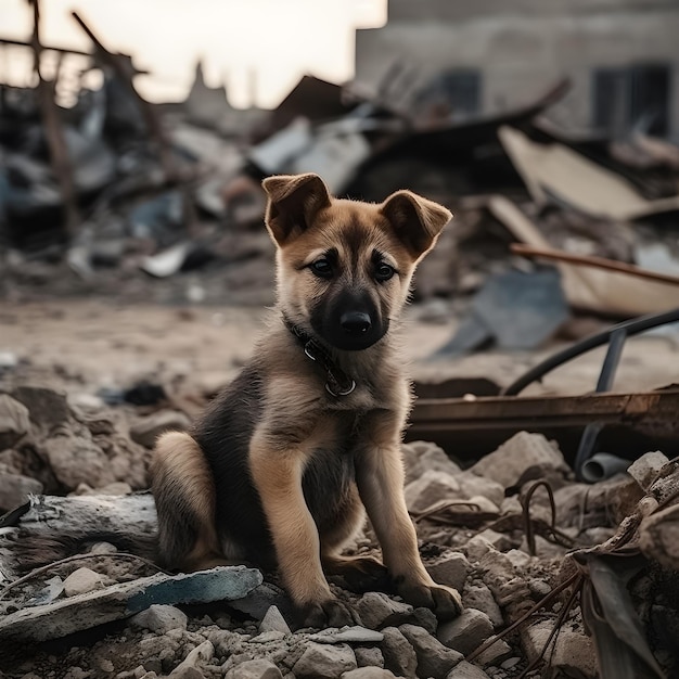 Un cane si siede su un mucchio di macerie con sopra la parola amore.