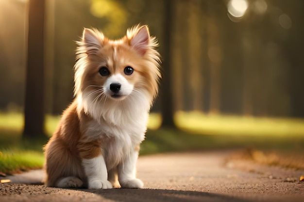 Un cane si siede su un sentiero nel bosco