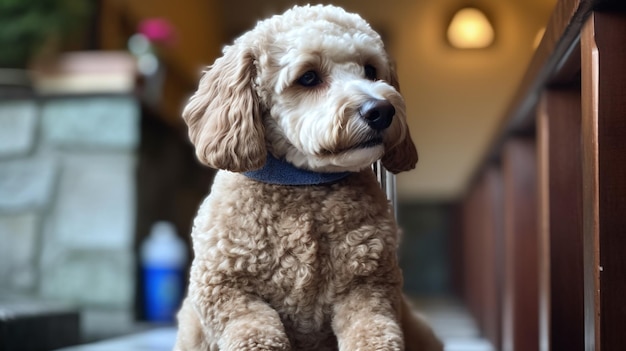 Un cane si siede su un tavolo davanti a un divano.