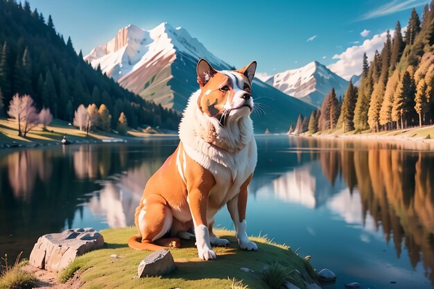 Un cane si siede su una roccia di fronte a un lago con le montagne sullo sfondo.