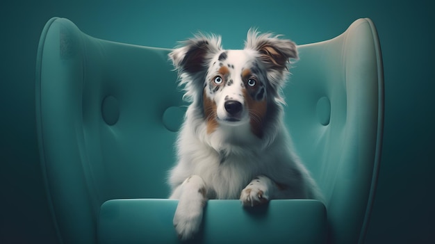 Un cane si siede su una sedia verde con gli occhi azzurri.