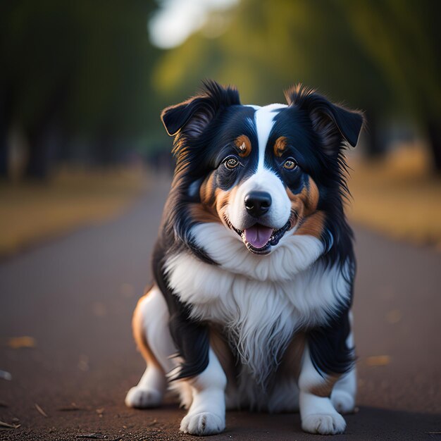 Un cane si siede su una strada con sopra la parola aussie.