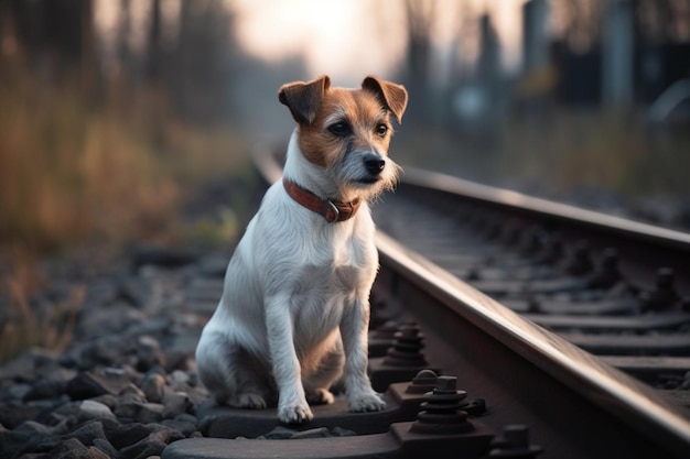 Un cane si siede sui binari davanti a un tramonto.