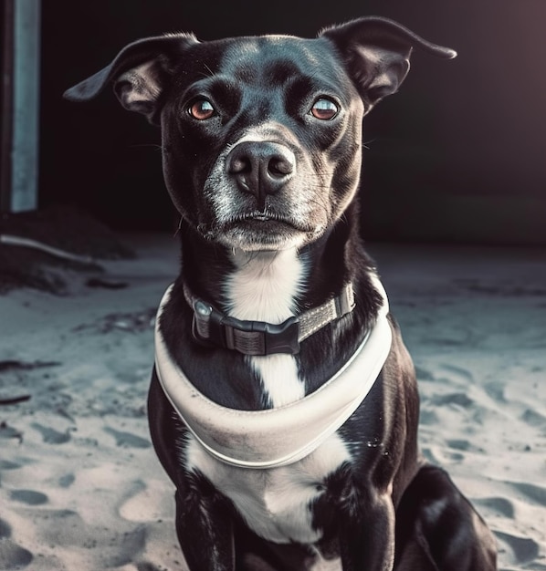 Un cane si siede sulla sabbia con un collare