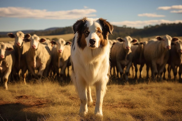 Un cane si trova di fronte a un gregge di pecore.