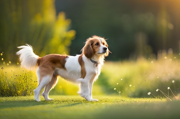 Un cane si trova in un campo con un albero sullo sfondo