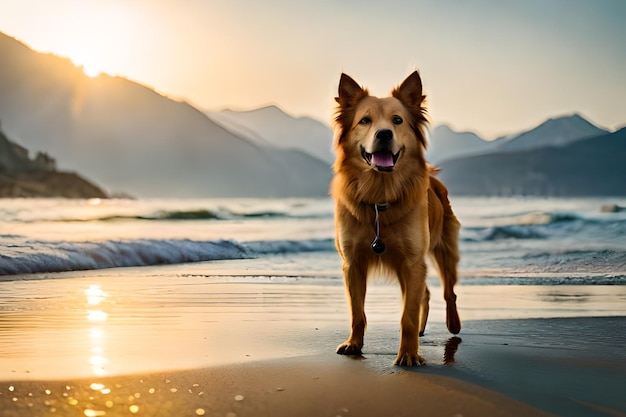 Un cane si trova su una spiaggia di fronte a una catena montuosa.