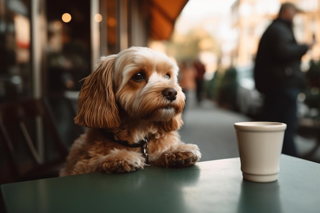 Un cane siede a un tavolo con sopra una tazza di caffè.