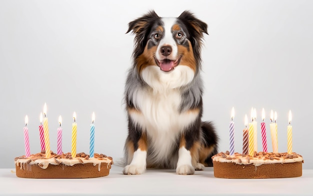 Un cane siede davanti a due torte con sopra delle candele.