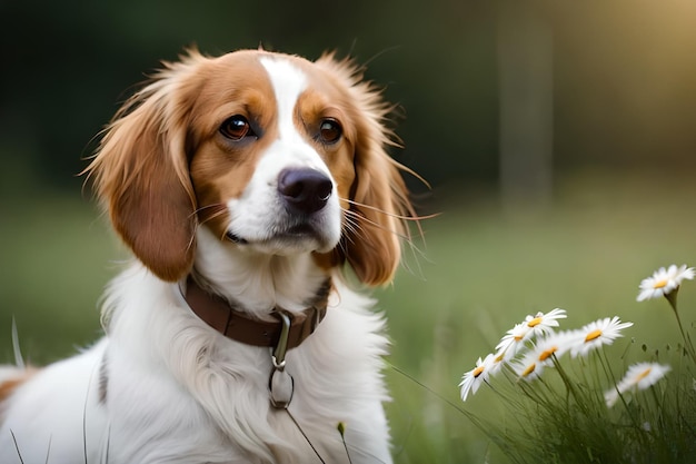 Un cane siede in un campo con margherite sullo sfondo