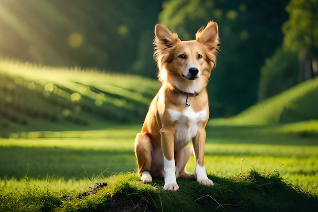 Un cane siede in un campo con uno sfondo di erba verde e il sole che splende su di esso.