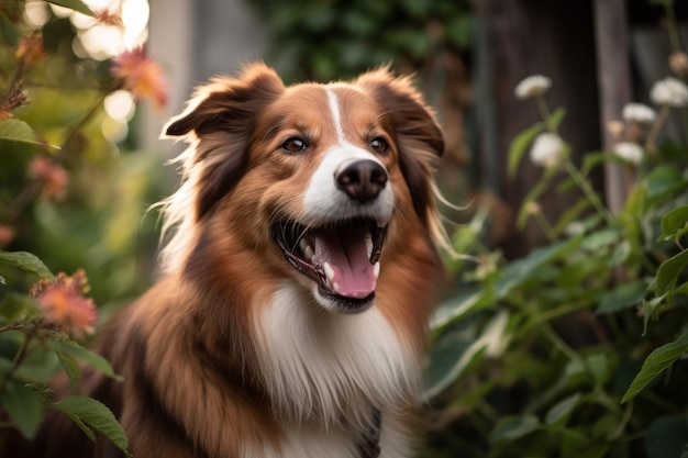 Un cane siede in un giardino con uno sfondo folto.