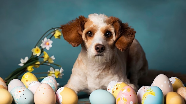 Un cane siede tra le uova di pasqua con un mucchio di uova di pasqua sullo sfondo.