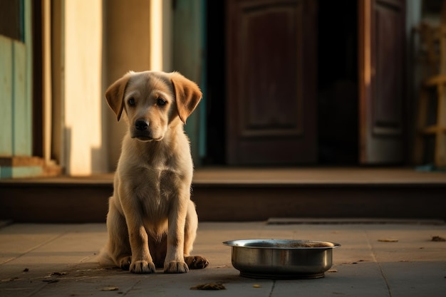Un cane sta aspettando di essere nutrito davanti alla casa