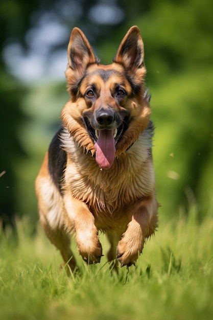 un cane sta correndo nell'erba con la lingua fuori