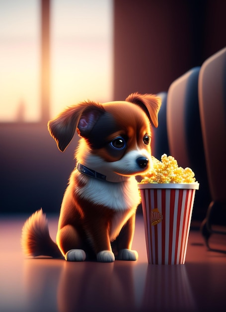 Un cane sta guardando un film con dei popcorn davanti.