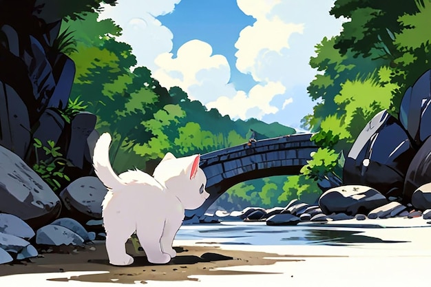 un cane sta guardando un ponte e l'acqua è sullo sfondo