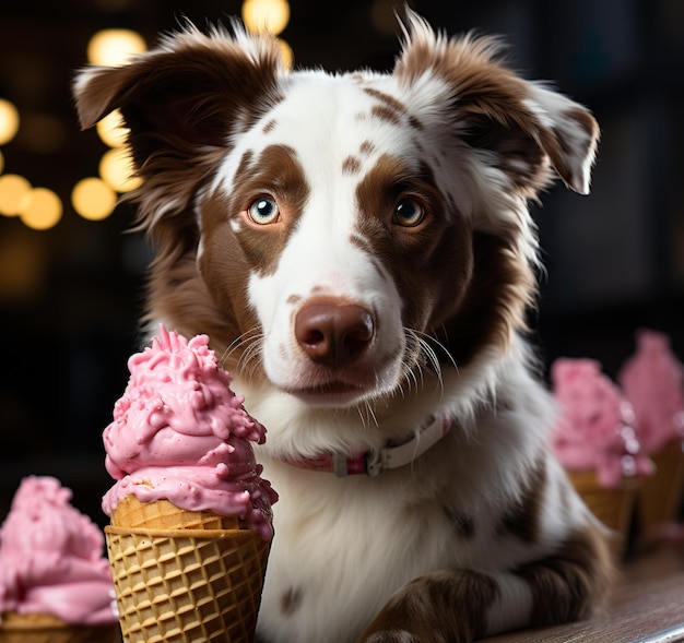 Un cane sta mangiando un gelato nello stile rosa chiaro e marrone scuro