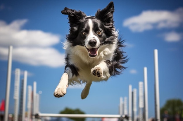 Un cane sta saltando in aria con un cielo blu sullo sfondo.