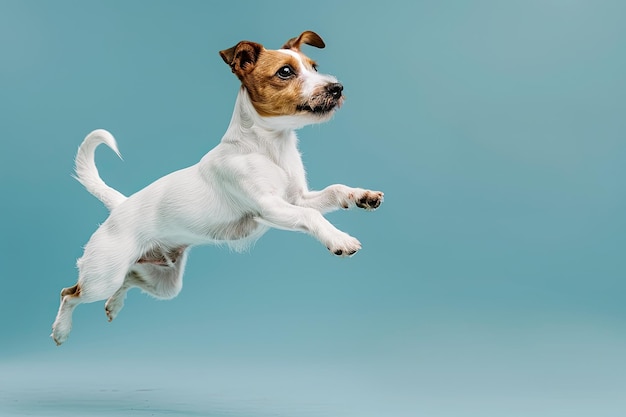 un cane sta saltando in aria con uno sfondo blu