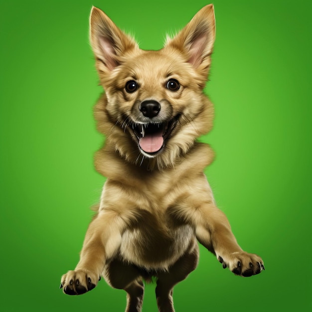 Un cane sta saltando in aria su uno sfondo verde
