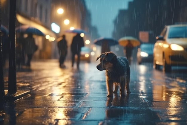 Un cane sta sotto la pioggia a Dublino