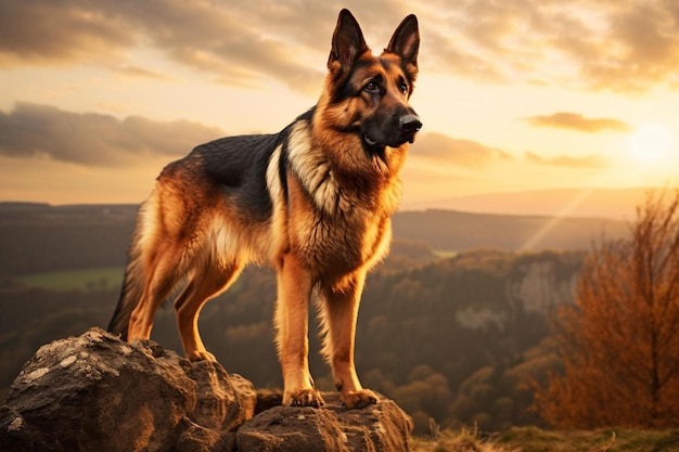 Un cane sta su una roccia e guarda il tramonto.