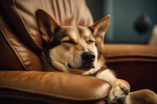 Un cane stanco riposa su un divano di casa Ai generato