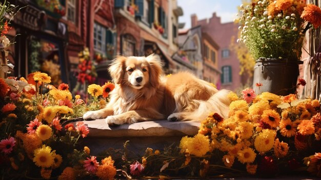 Un cane su un letto di fiori