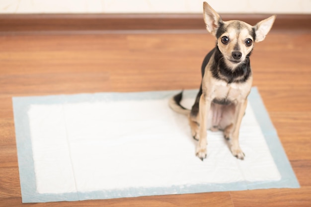 Un cane su un pannolino assorbente pannolino come addestrare un cucciolo alla toilette