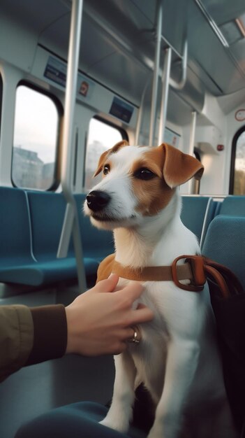 Un cane su un treno con un collare