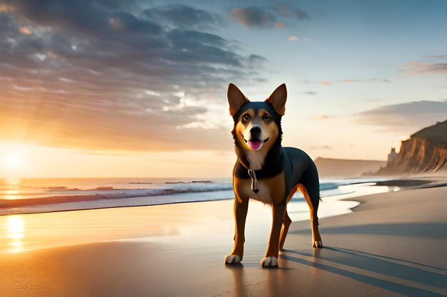 un cane su una spiaggia con il tramonto dietro di lui