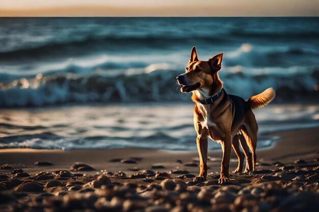 Un cane su una spiaggia con l'oceano sullo sfondo