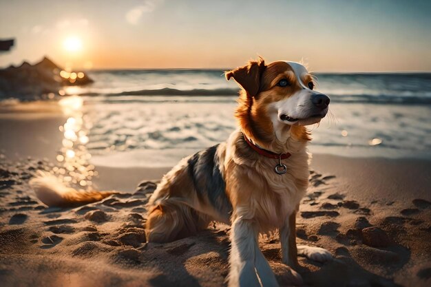 Un cane sulla spiaggia con il sole che tramonta dietro di lui