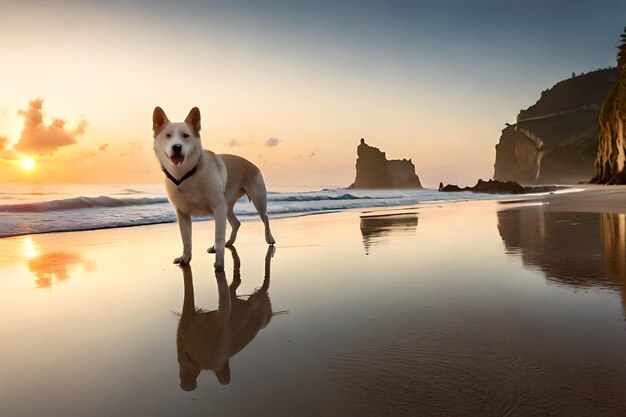 Un cane sulla spiaggia con l'oceano sullo sfondo