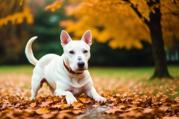 Un cane tra le foglie di un albero