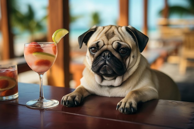 Un cane umoristico che si gode dei cocktail al bar Generative Ai