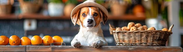 Un cane venditore di frutta un affascinante cane circondato da arance