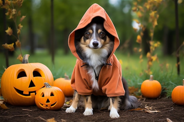 Un cane vestito con un costume per Halloween siede fuori con zucche intorno