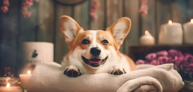 Un cane viziato gode di un rilassante trattamento termale in un lussuoso salone concedendosi il massimo del comfort e del ringiovanimento Sorridente generato ai