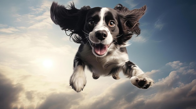 un cane vola attraverso una foto in bianco e nero nello stile di Toothcore