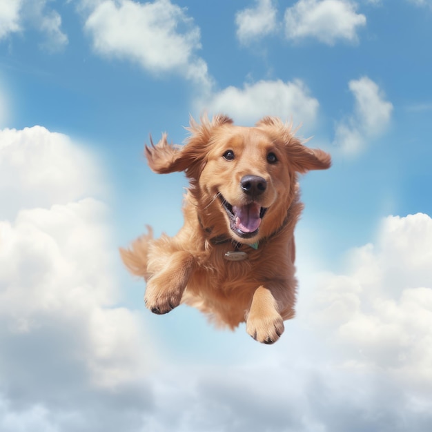 Un cane vola nell'aria tra le nuvole