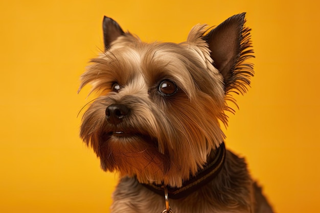 Un cane yorkshire terrier con uno sfondo giallo