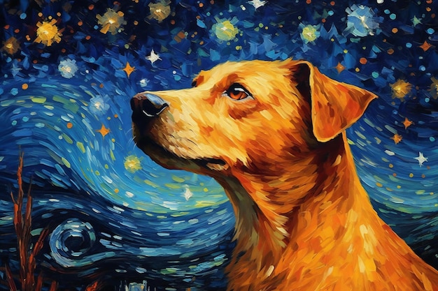 Un cane zenzero seduto sullo sfondo del cielo notturno e guardando le stelle